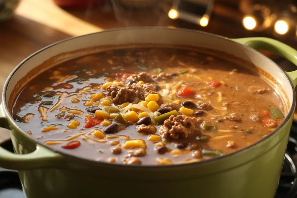 Creamy Cowboy Soup (One-Pot Comfort) 13 Creamy Cowboy Soup simmering in pot on stove