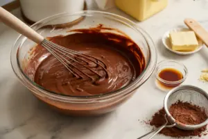 mixing sourdough discard brownie batter in glass bowl