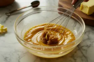 whisk melted butter with granulated and brown sugars