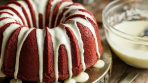 Red Velvet Bundt Cake with Cream Cheese Glaze 14 cream cheese glaze Drizzled over cooled red velvet bundt cake
