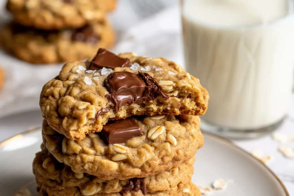 Stack of sourdough oatmeal chocolate chip cookies served with milk