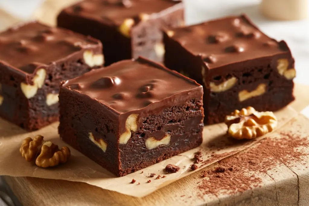 A stack of fudgy sourdough discard brownies served warm with rich melted chocolate