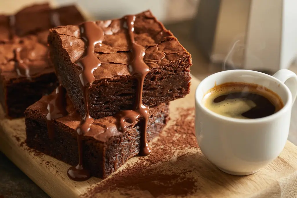 serving sourdough discard brownies with melted chocolate drizzle