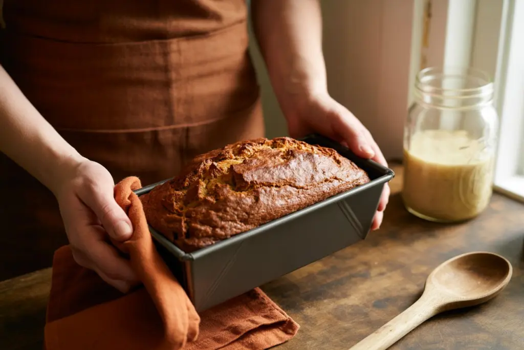 A close-up photograph of freshly baked banana bread in a dark gray rectangular loaf pan. 