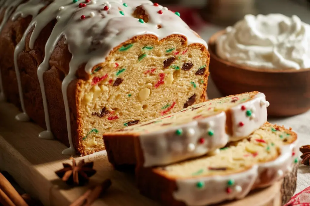 A festive Christmas Bread loaf glazed with icing and sugar sprinkles
