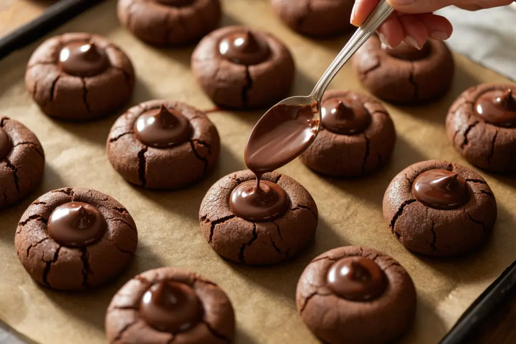 Filling Double Chocolate Thumbprint Cookies with ganache