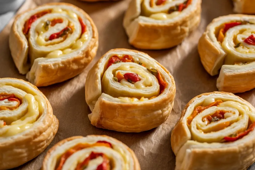 Freshly baked cheese pinwheels on a baking tray lined with parchment paper