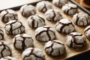 freshly baked thick chocolate crinkle cookies