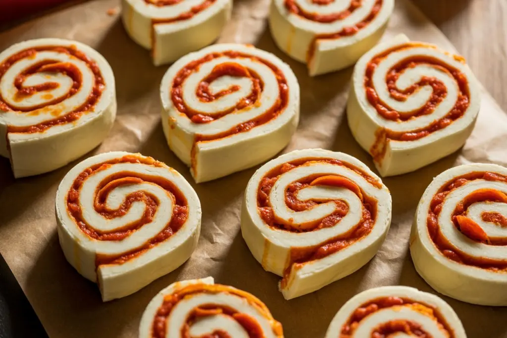 Pizza pinwheels on brown parchment paper