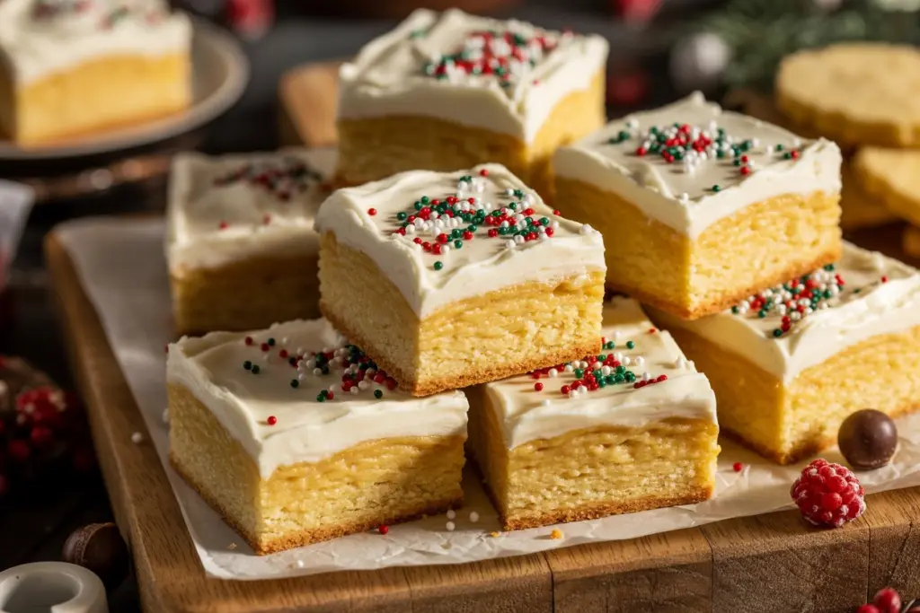 Soft, buttery sugar cookie bars in a cozy holiday setting