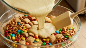 Christmas Chex Mix Recipe 7 Pour melted white chocolate over the cereal mixture