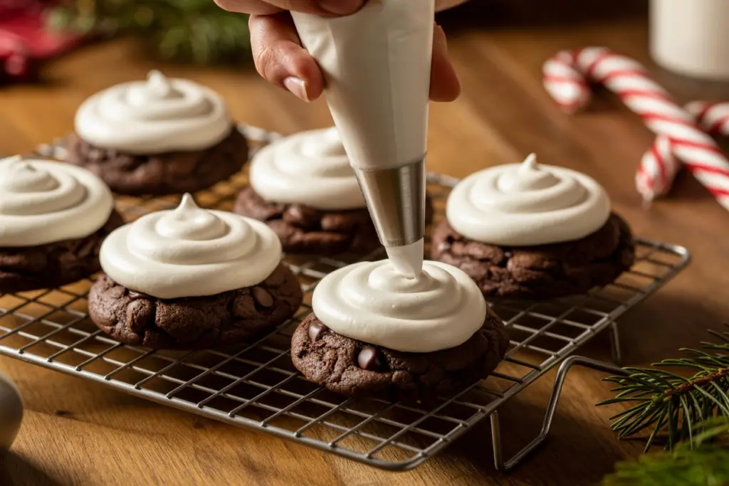 Marshmallow frosting being piped onto cooled cookies