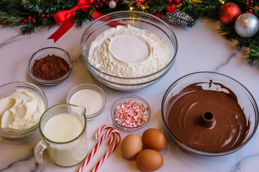 Peppermint Chocolate Bundt Cake: The Ultimate Holiday Dessert Delight 19 Peppermint Chocolate Bundt Cake ingredients setup