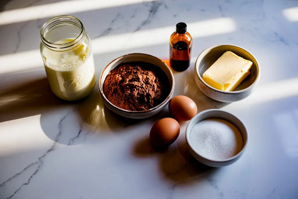 sourdough discard brownie ingredients laid out on marble counter