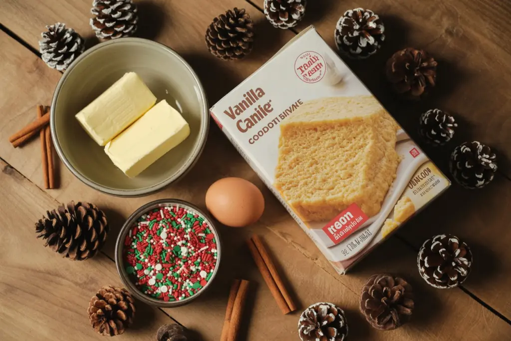 Christmas Cake Mix Cookies (so easy) 10 Christmas Cake Mix Cookie ingredients on rustic wooden table