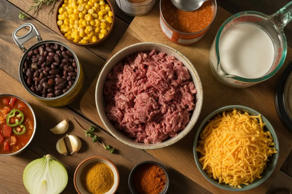 Creamy Cowboy Soup (One-Pot Comfort) 12 Creamy Cowboy Soup ingredients laid out