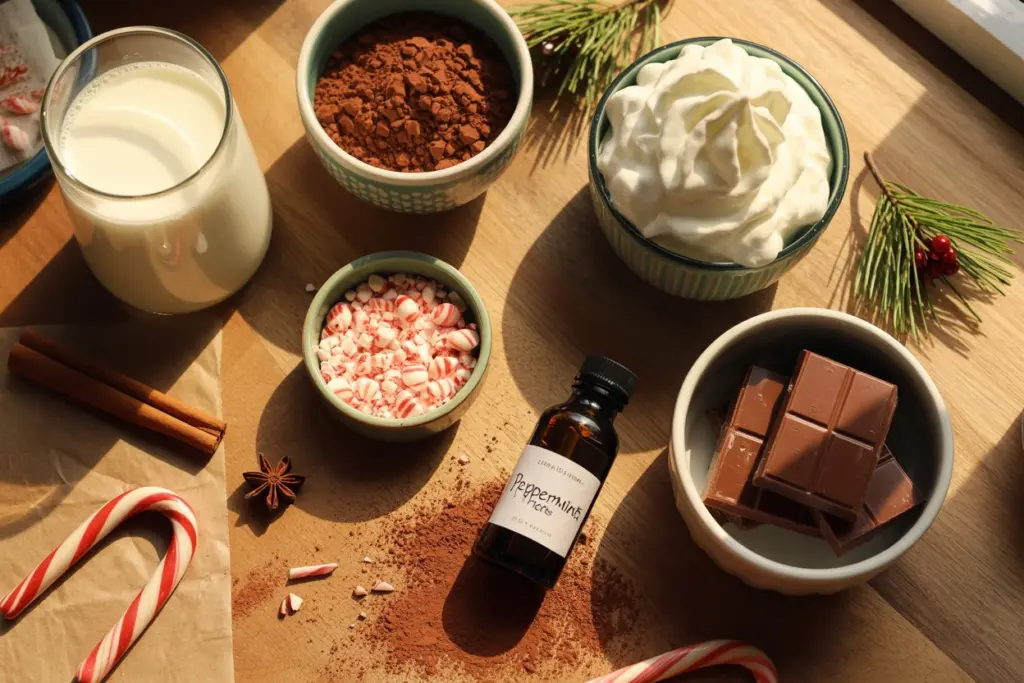 Peppermint Hot Chocolate 12 Peppermint Hot Chocolate Ingredients on Wooden Table