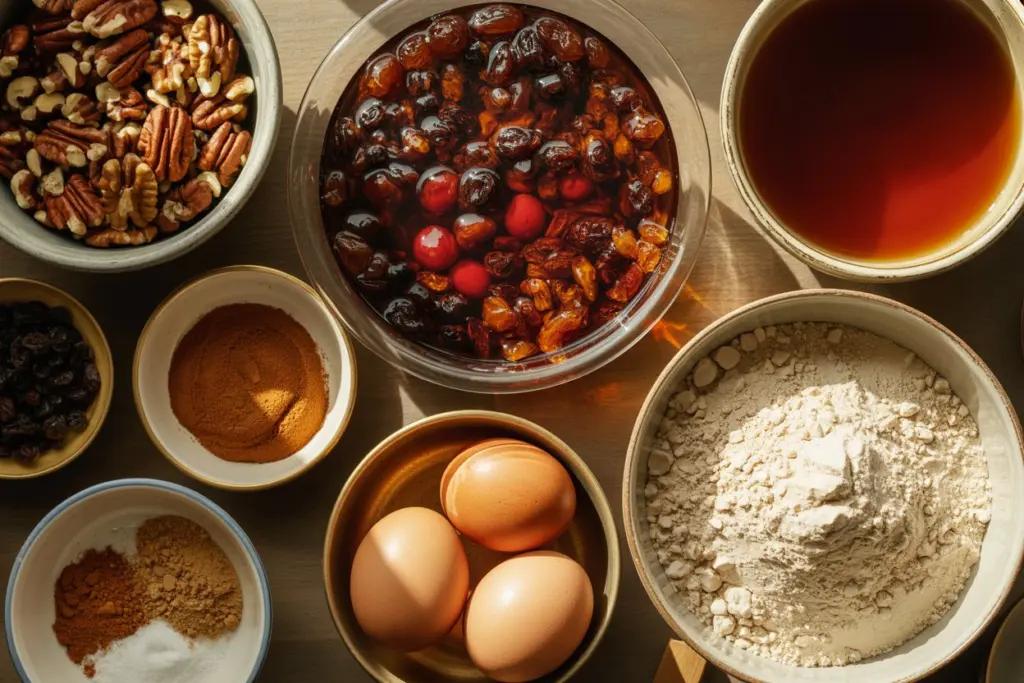 Old English Fruit Cake 14 Old English Fruit Cake ingredients on wooden table