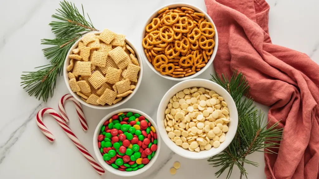 Christmas Chex Mix Recipe 10 Christmas Chex Mix ingredients flat lay
