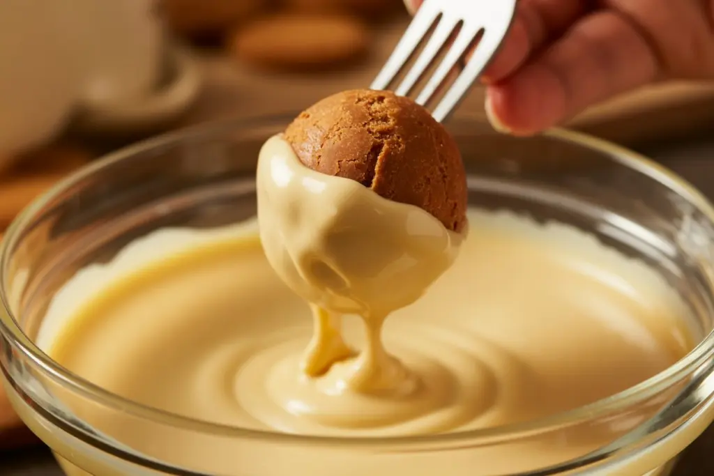 Coating Easy Biscoff Truffles in White Chocolate