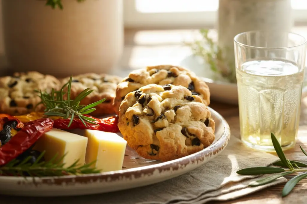 Serving black olive biscuit cookies with cheese platter