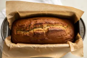 freshly baked sourdough banana bread in the 9x5-inch loaf pan