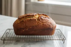 A freshly baked sourdough banana bread in wire rack to cool completely.