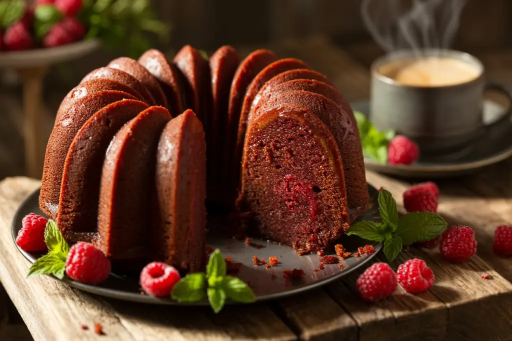 Red Velvet Bundt Cake with Cream Cheese Glaze 19 sliced red velvet bundt cake served