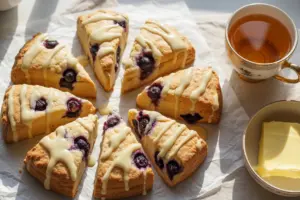 sourdough blueberry scones with a cup of tea