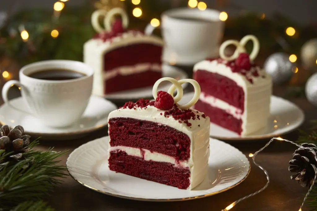 sliced red velvet cake with cream cheese frosting