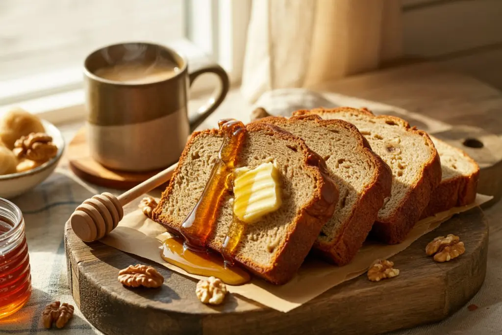 sliced sourdough banana bread served with butter and honey
