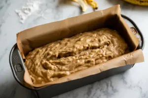sourdough banana bread batter in the 9x5-inch loaf pan with brown parchment paper and smooth the top.