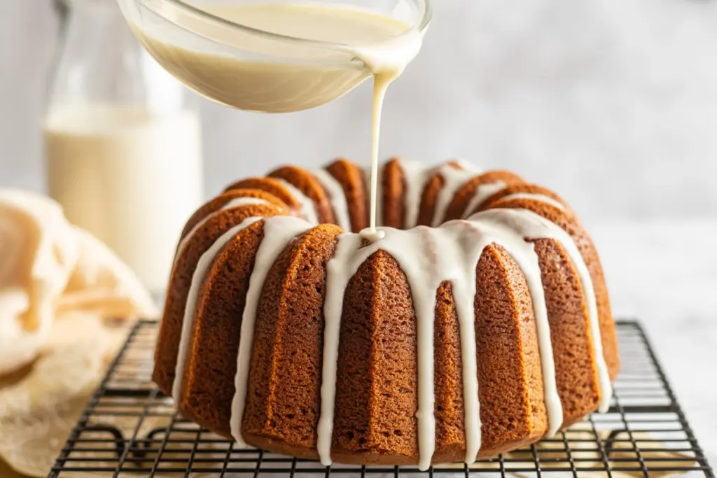 Gingerbread Bundt Cake 14 Glazing freshly baked Gingerbread Bundt Cake