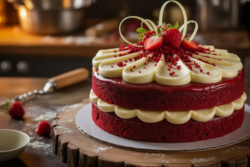 red velvet cake with cream cheese frosting on stand