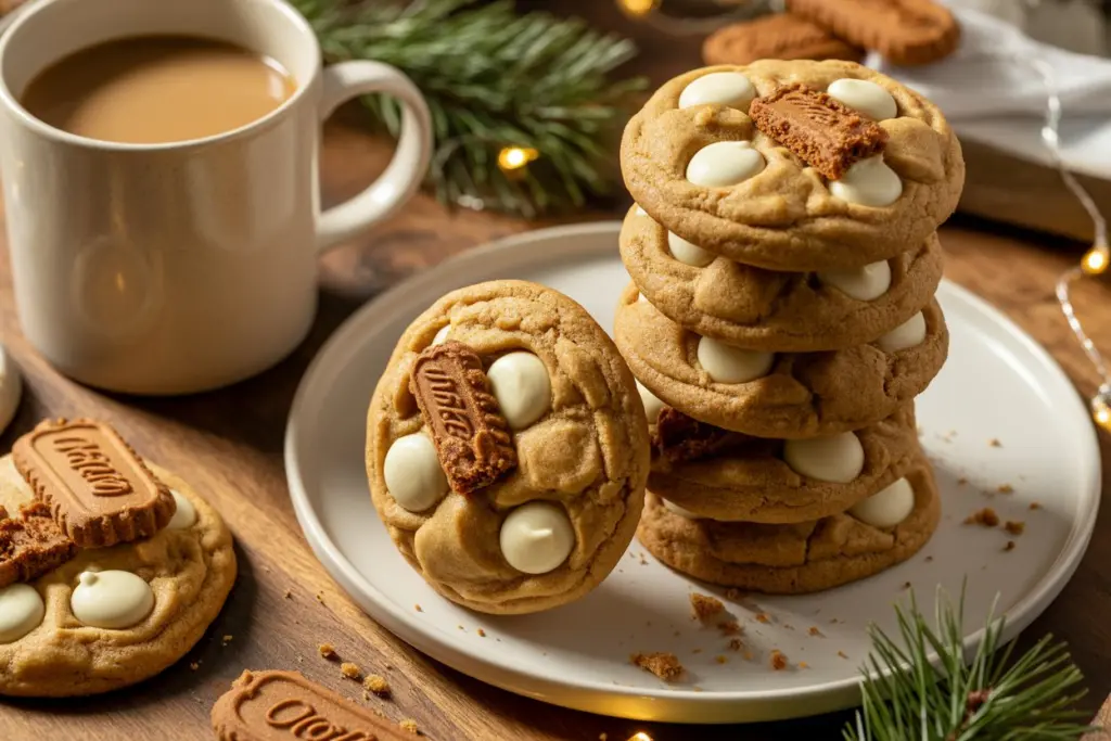 Stack of white chocolate chip biscoff cookies