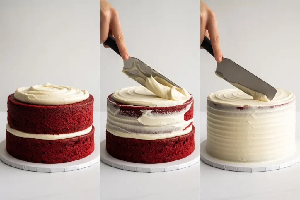 Frosting the red velvet cake layers 