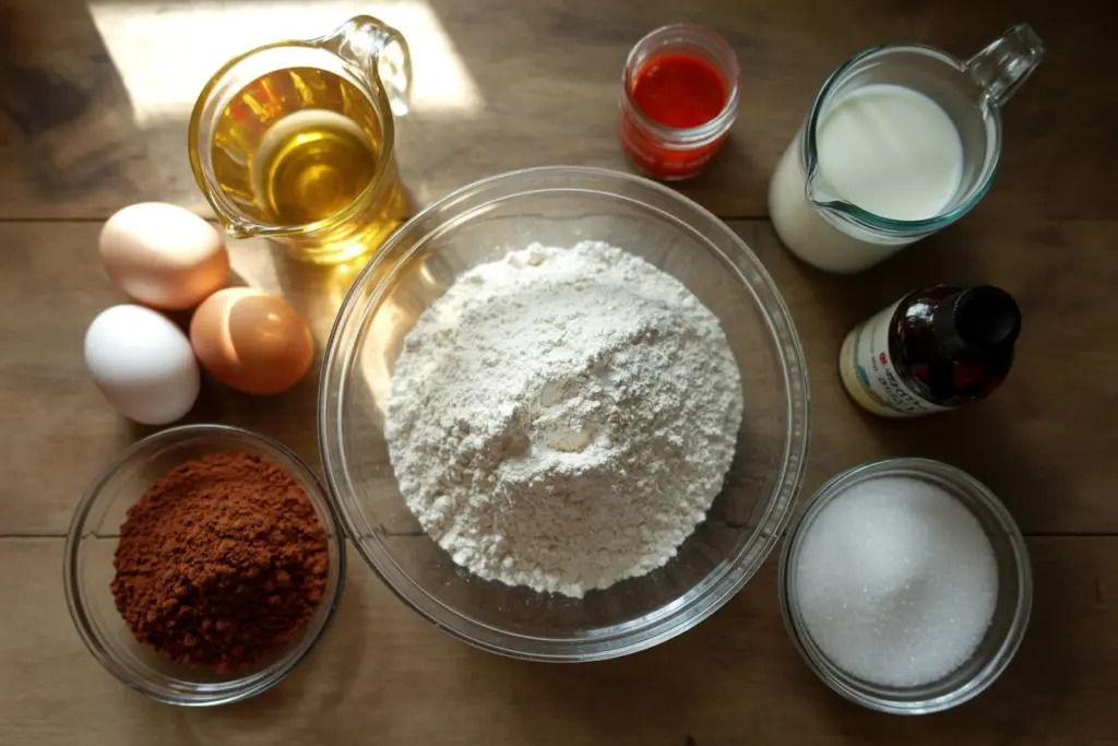 red velvet cake ingredients layout
