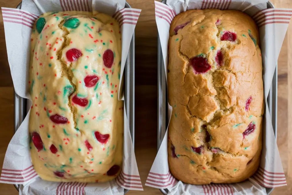 Mixing Christmas Bread batter with festive colors