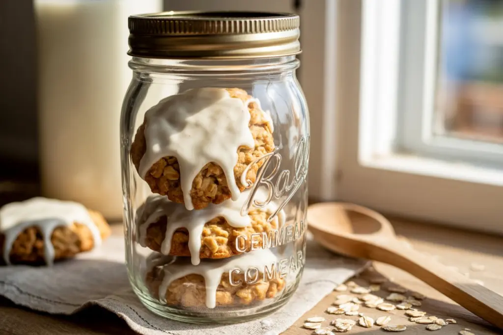 Sourdough Oatmeal Cookies placed in a glass jar
