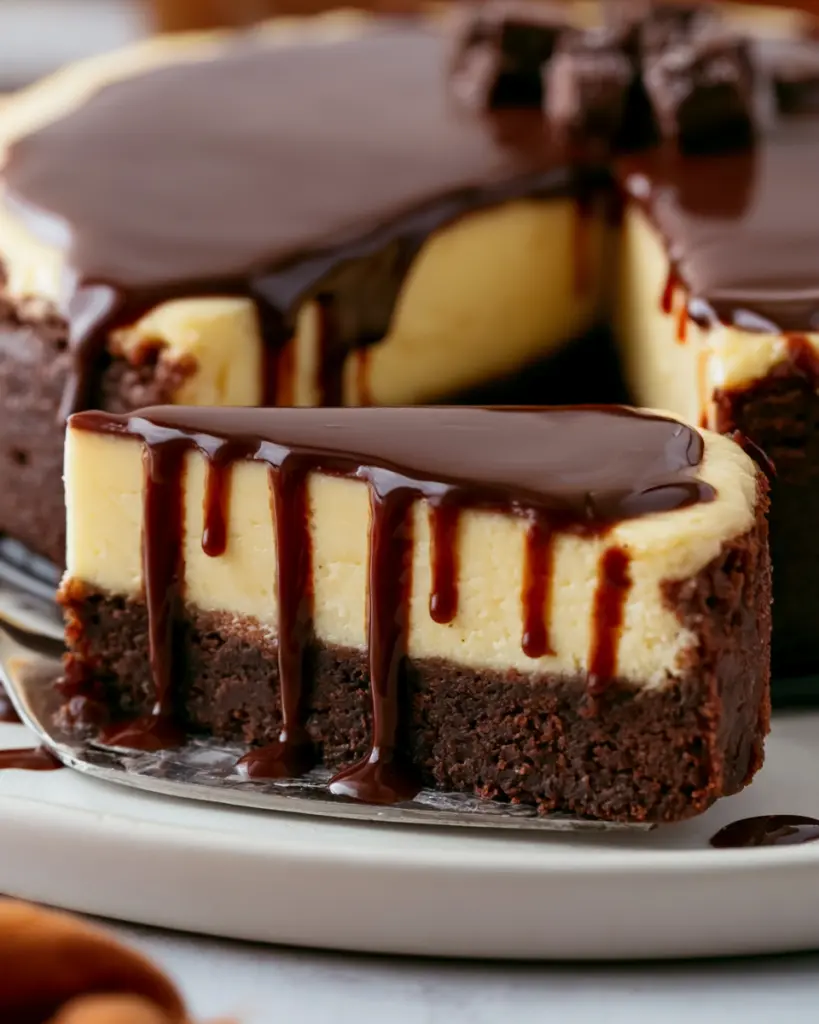 Fudgy Brownie Cheesecake 4 Serving slice of brownie cheesecake with chocolate ganache drizzle
