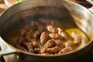 A close-up photograph of a dark brown cast iron Dutch oven on a stovetop over medium heat. A golden olive oil with small pieces of Italian sausage and cook until browned scattered around it with softened chopped onion .