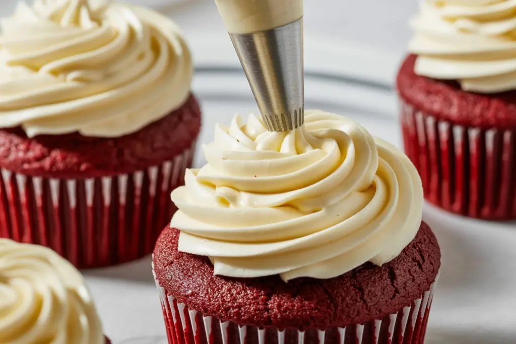 piping buttercream onto sourdough red velvet cupcakes