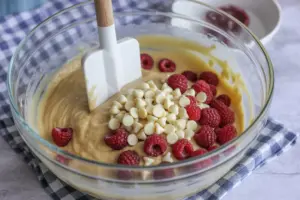 muffin batter with raspberries and white chocolate chips