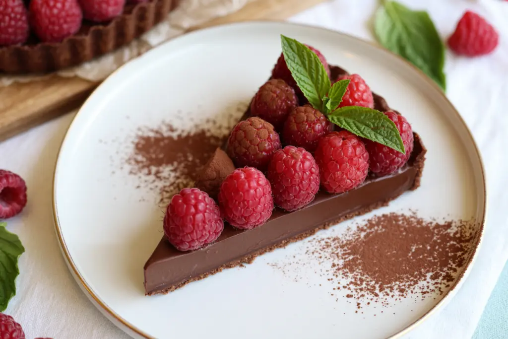 sliced raspberry chocolate tart