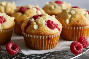 Freshly baked sourdough raspberry muffins on a wire rack to cool