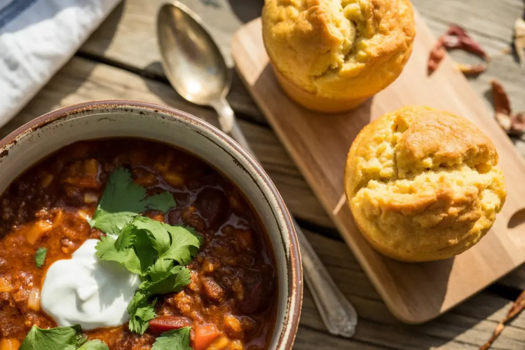 serving sourdough cornbread muffins with chili bowl 