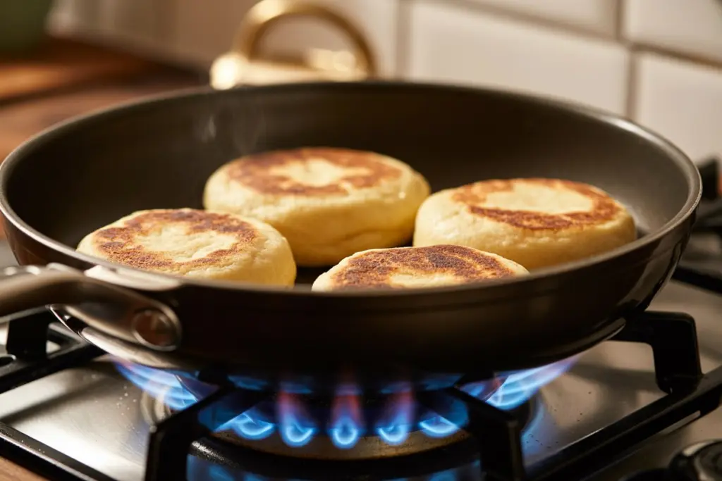 Golden muffins cooking on cast-iron skillet, crisp edges, steam rising.