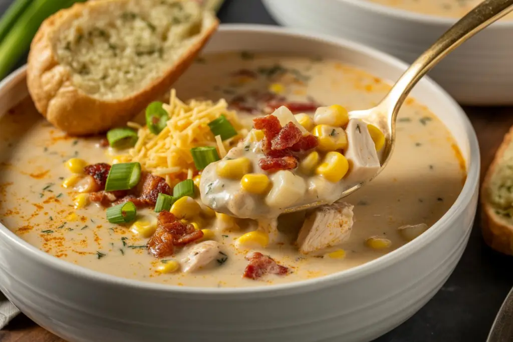 Creamy Chicken Corn Chowder 4 bowl of creamy chicken corn chowder with bacon