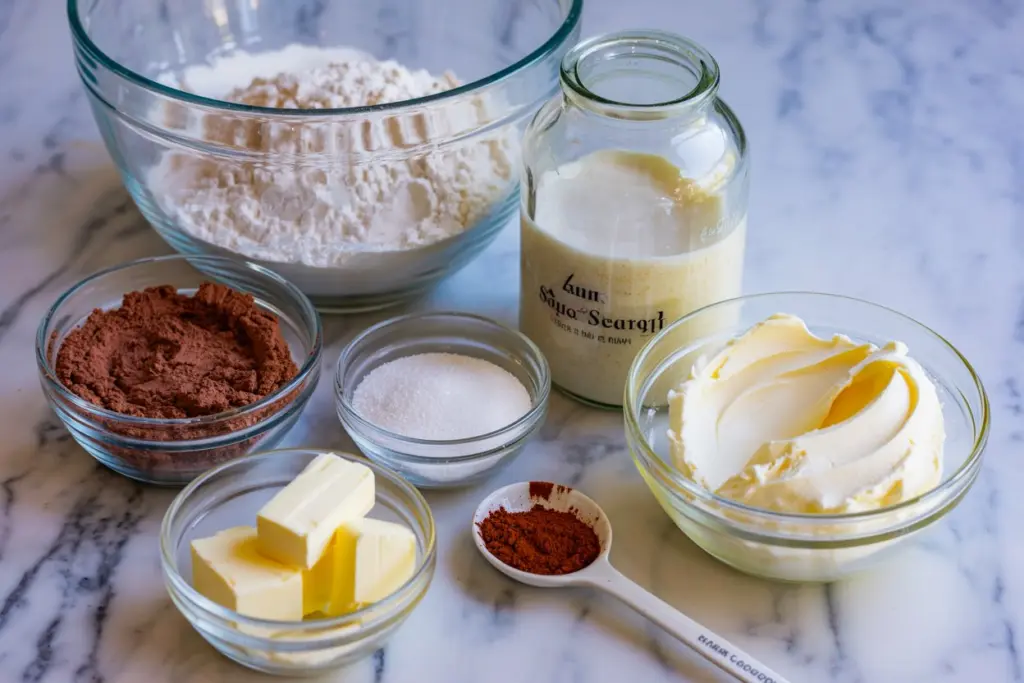 sourdough red velvet cookies ingredients on marble counter