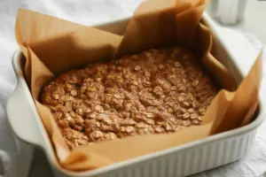 freshly baked lightly golden Maple Cinnamon Sourdough Oatmeal Breakfast bake